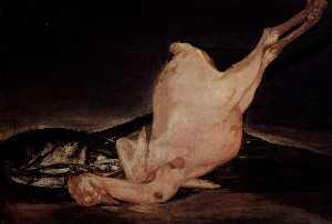 Still life, plucked turkey and pan with fish