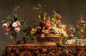 Grapes in a basket and roses in a vase