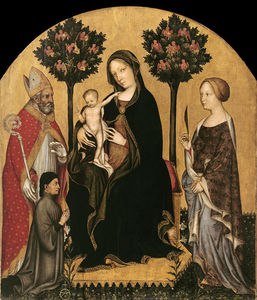 thronende maria mit kind , heiligen und einem stifter