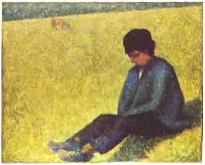 Крестьянин мальчик  сидя  в     поляна