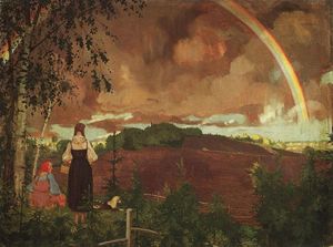 Пейзаж с два крестьянские Девочек и Rainbow