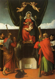 virgen con el niño `enthroned` con cuatro santos