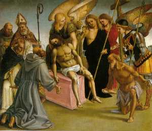 lamentation au cours de la christ mort avec anges et saints