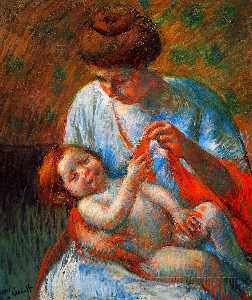 Baby Lying on His Mother s Lap, reaching to hold a scarf