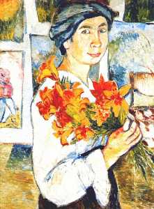 Self-portrait with yellow lilies