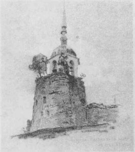 Porhov. Belfry on fortress tower.