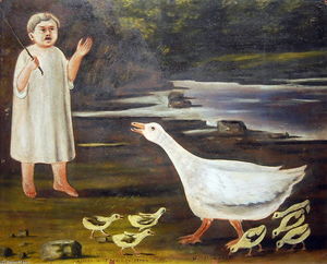 The girl and the goose with goslings