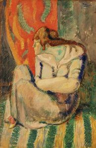 Seated woman on a striped floor