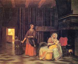 Woman with infant, serving maid with child