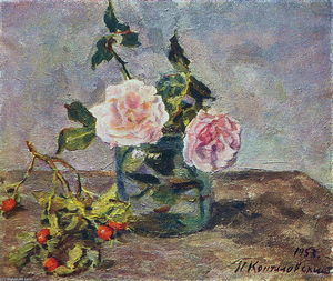 Two roses and dogrose berries