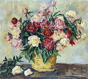 Still Life. Peonies in a basket.