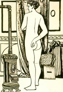 Female nude from back with stove