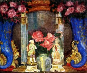 Still life with porcelain figurines and roses
