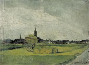 Пейзаж с сенной корзину, церковных башен и ветряная мельница