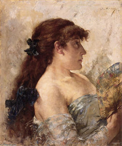 portrait d'un dame avec un ventilateur