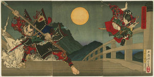 Ushiwaka and Benkei duelling on Gojo Bridge