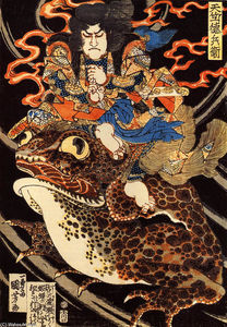 Tenjiku Tokubei in sella a una toadn gigante