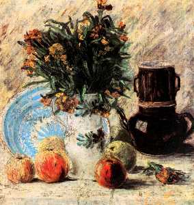vase mit blumen Kaffeekanne  und  Frucht