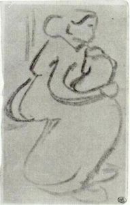  素描 of  一个女人 用 宝宝 她的腿上