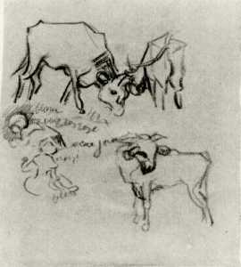 skizze von kühe  und  Kindern