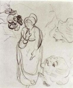 Study of a Woman Standing, Two Heads, Another Figure