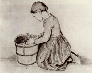 Girl Kneeling in Front of a Bucket