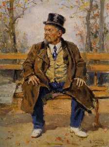 Retrato de un man sentado en un parque banca