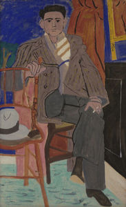 Dark-haired youth seated, with a topcoat