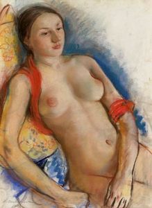 Nude with red scarf