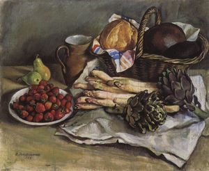 Still life with asparagus and strawberries 