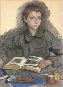 Portrait of Aleksandr Serebriakov studying an album