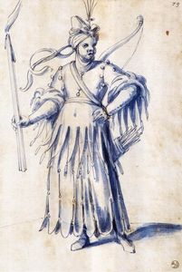 Costume drawing for a female figure with torch