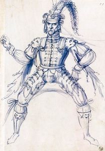 Costume drawing for a knight on horseback