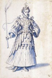 Costume drawing of a female figure with torch