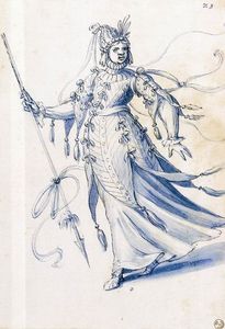 Costume drawing of a woman bearing a lance