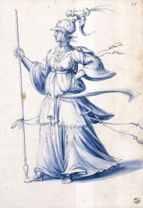 Kostüm-Zeichnung einer Frau mit Lanze