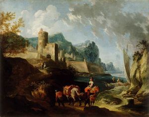 Seacoast with Travellers and a Town