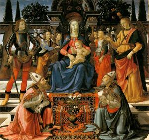 madonna und kind `enthroned` mit die heiligen
