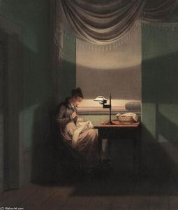Young mujer coser por el Luz of un Lámpara