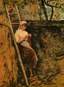 Деревенская девушка наклонившись  против     лестница