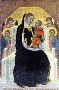 vierge trônant avec  enfant  et  quatre  anges
