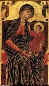 Virgen y el Niño en el trono enestado dos ángeles