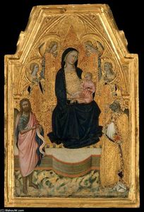 a virgem e o menino `enthroned` com santos
