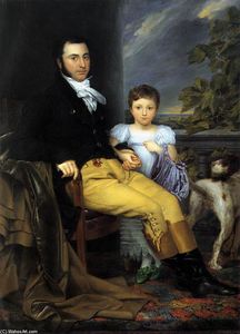 Retrato de un caballero prominente con su hija y el perro de caza