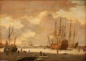 一名荷兰捕鲸船和其他船舶在冰