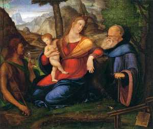 Virgin и ребенок фланкировано св иоанна крестителя и st Энтони Аббат