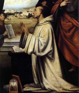 Vision of St Bernard with Sts Benedict and John the Evangelist (detail)