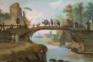 paisaje con figuras y una puente