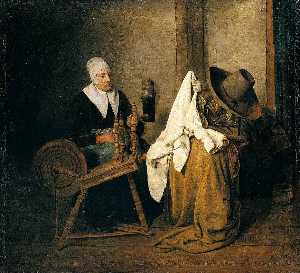 Interior with an Old Woman at a Spinning Wheel