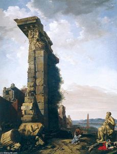 Idealisierte Ansicht mit römischen Ruinen, Skulpturen und einem Hafen
